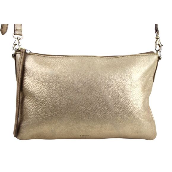 FOSSIL ANTIQUE GOLD GENUINE LEATHER X-BODY SHOULDER BAG HANDBAG CLUTCH PURSE - Picture 1 of 14